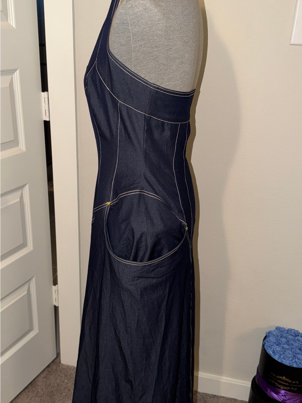 Dark Blue Denim Zip-Front Halter Overalls Dress - Picture 4 of 8